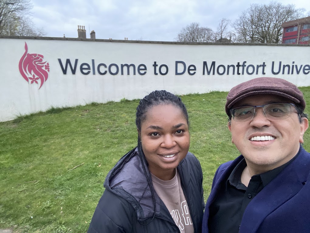A moment together outside De Montfort University
