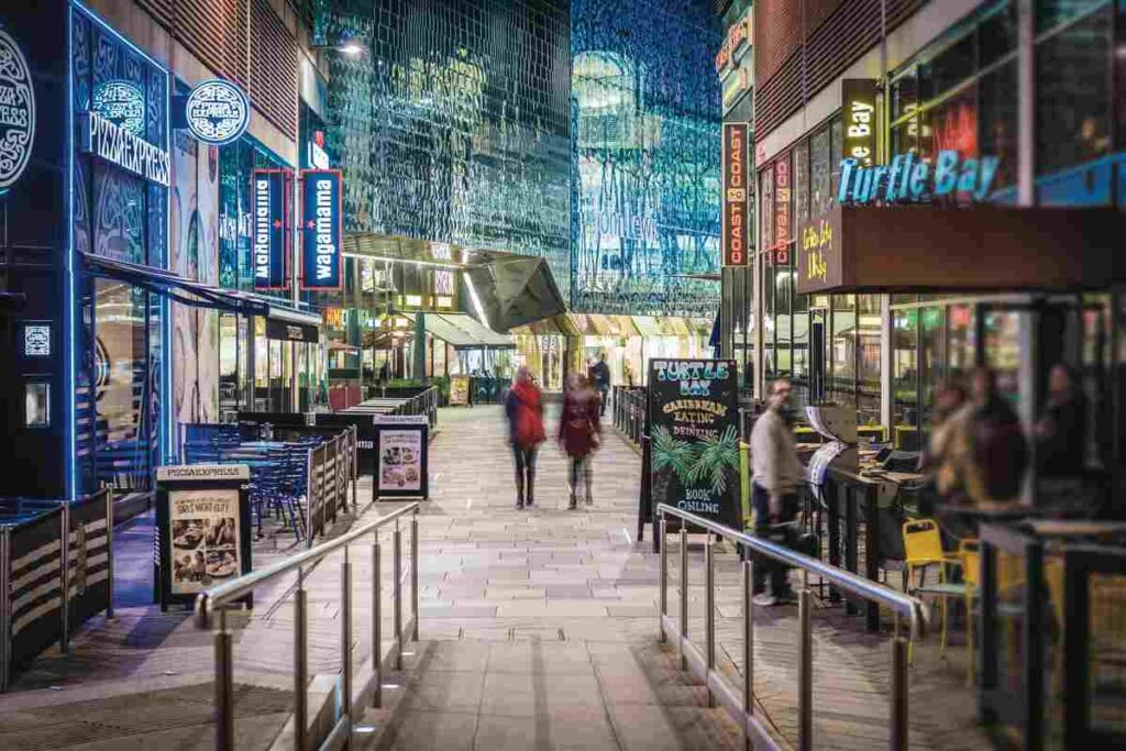 Restaurants along a pedestrian street in Leicester